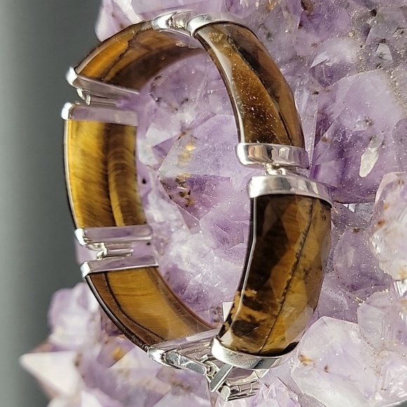 925 Sterling Silver Faceted Tigers Eye 5 Panel Mens Gemstone Bracelet Size 7 - Picture 11 of 14